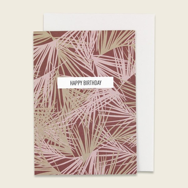 Klappkarte Happy Birthday - Palmenblätter rot/rose
