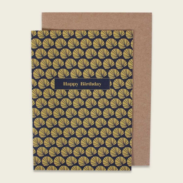Klappkarte Happy Birthday, Palmwedel, ocker/blau