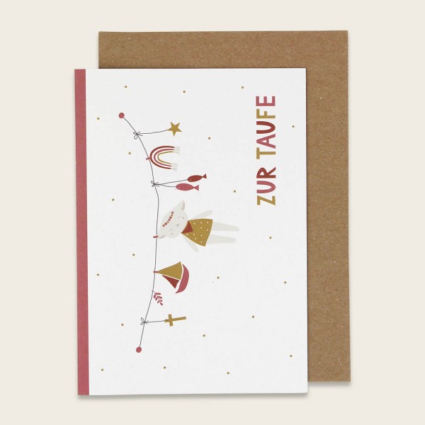 Klappkarte ZUR TAUFE- Wäscheleine mit Lamm und Schiff, rose/ocker