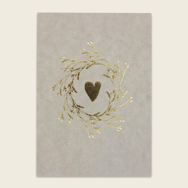 Postkarte mit Goldeffekt – Herz mit Blumenkranz